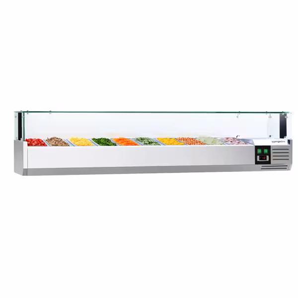 Gekoelde opzetvitrine PREMIUM - met LED-verlichting - 2000x335mm - 10x GN 1/4 - met glasopbouw