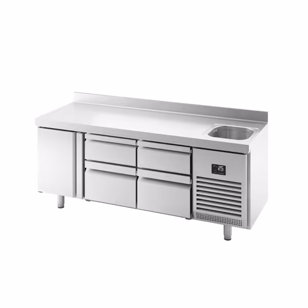 Koelwerkbank PREMIUM PLUS - 1960x700mm - 465 liter - met 1 deur - met 4 laden - met opstand en spoelbak