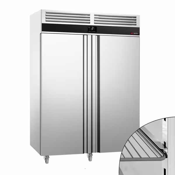Commercial Upright Fridge Stainless steel PREMIUM - GN 2/1 - 1400L - with 2 doors - On castors - For UK