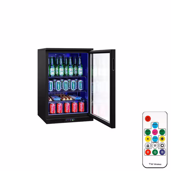 Barkühlschrank - 600mm - 130 Liter - mit 1 Glasflügeltür - Außen & Innen Schwarz