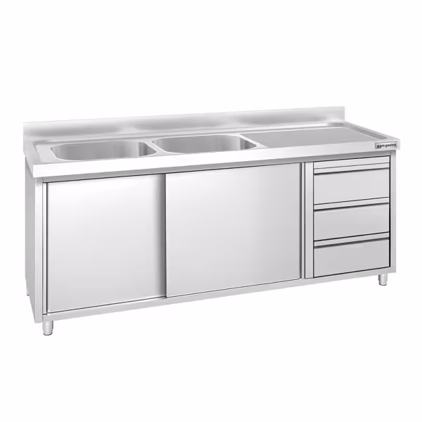 Commercial Sink Cabinet PREMIUM - 2000x700mm - 2 bowls left-hand - 3 drawers