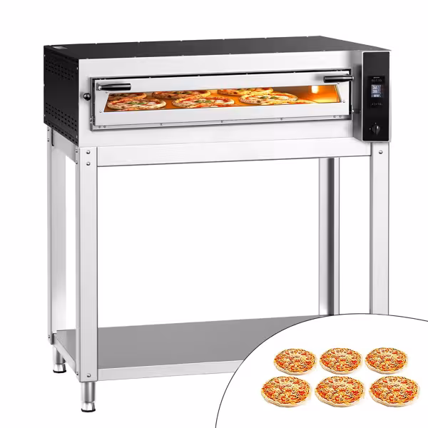 Elektromos pizzakemence - 1340x920x1460 mm - 6x Ø 35 cm - max. 400 °C - digitális - egymásra rakható - tart.: rozsdamentes acélból készült aljzat folyamatos sütőkhöz (1 és 2 egymásra helyezett)