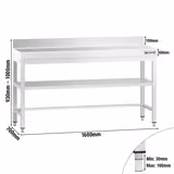 Mesa de trabajo de acero inoxidable mural PREMIUM - 1600x700mm - con estante inferior y estante intermedio y refuerzo omega y peto trasero