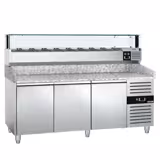 Pizzawerkbank PREMIUM - 2025x800mm - met granieten werkblad - met 3 deuren - incl. glasvitrine LED - 10x GN 1/4