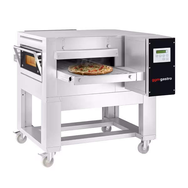 Gas Doorloop pizzaoven - 1260x1750mm - 230V - Digitaal - Bandbreedte: 500mm - tot 320°C - incl. onderstel, wielen, sproeiers voor vloeibaar- en aardgas