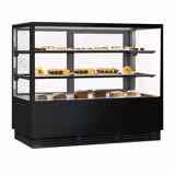 Commercial cake display fridge - 580L - 1500mm - Double glazing - square - mirrored front - with 2 glass shelves - rear sliding doors - for patisserie - For UK - Black matt