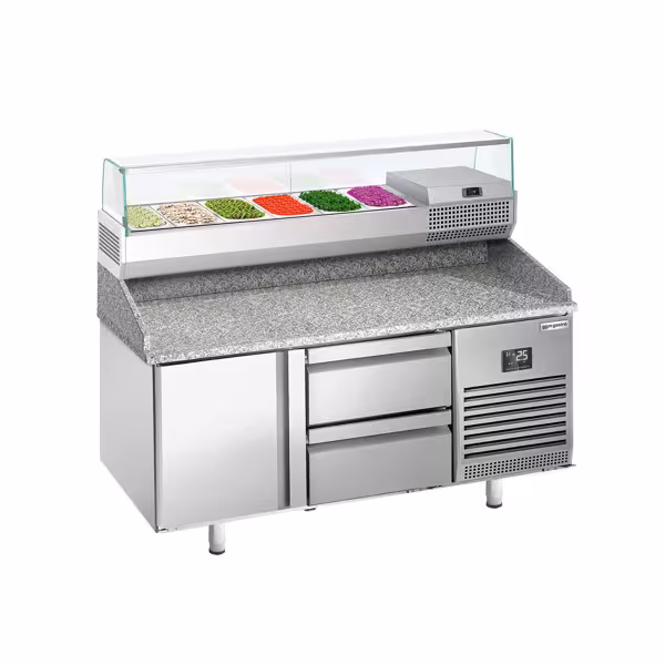 طاولة تحضير بيتزا مبردة PREMIUM PLUS - 1490x700 mm - مع باب واحد - سطح عمل جرانيت - شامل وحدة تبريد علوية - 6x GN 1/4
