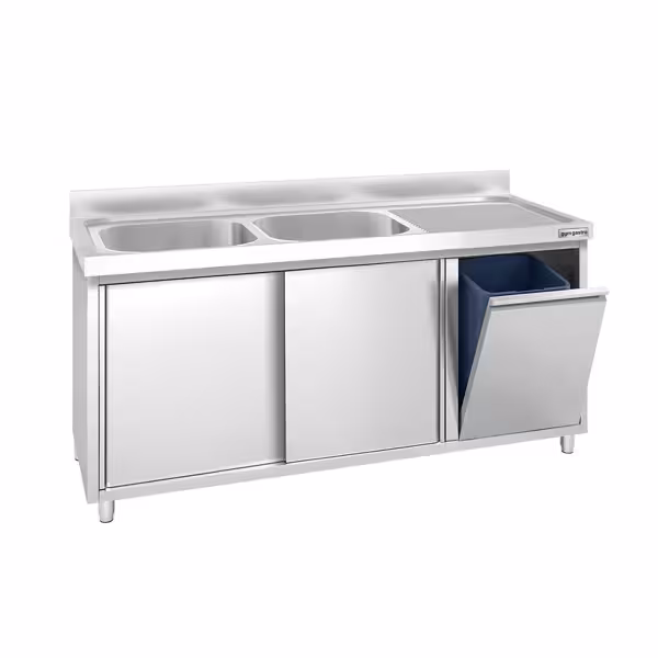 Diskbänk med underskåp PREMIUM - i rostfritt stål - 1600x700 mm - 2 hoar - med avfallsbehållare