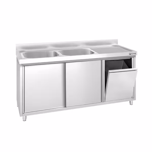 Стіл‑тумба з мийкою PREMIUM - з нержавіючої сталі AISI 304 - 1600x600 мм - з AIR-WOLF - відром для сміття - 2‑секційна зліва