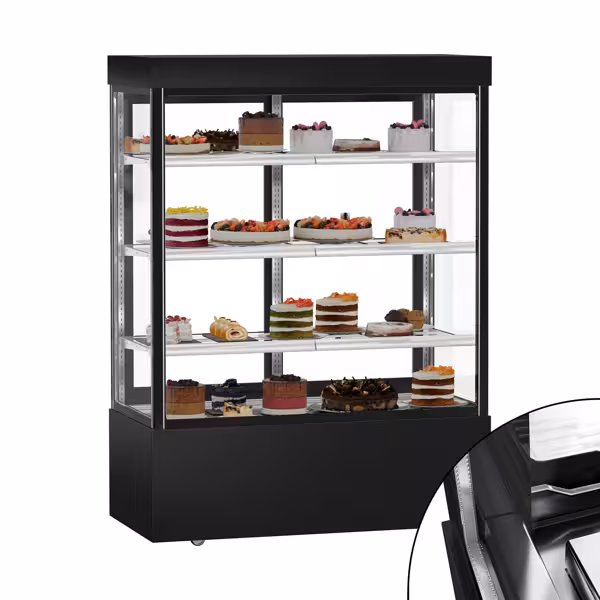 Vitrina pastelera refrigerada MADRID - 1010 litros - 1500mm - doble cristal - cristal recto - con 3 estantes de cristal - 2 puertas correderas traseras - Negro mate
