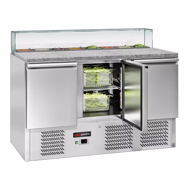 Saladetă ECO - 1368 mm - 3 uși - cu vitrină ingrediente din sticlă dreaptă pentru 8x GN 1/6