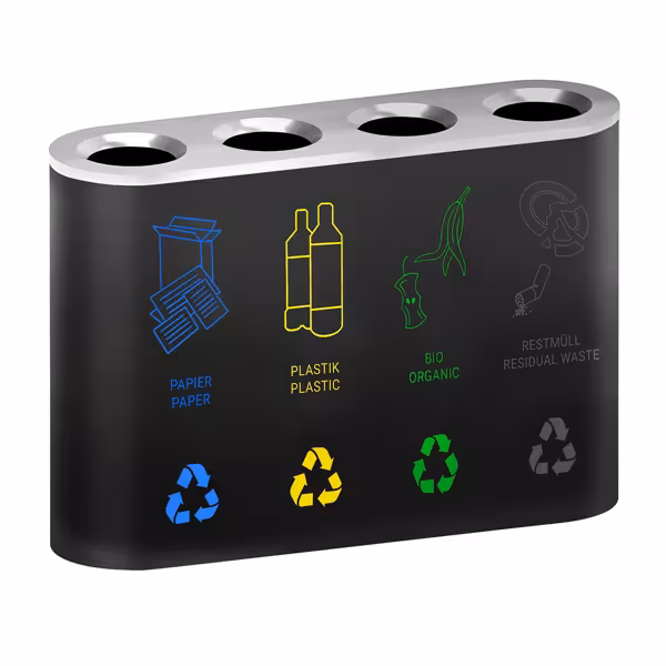 Afvalscheidingssysteem - 4 vakken van 35 liter - 1080x300x800mm - zwart - staal