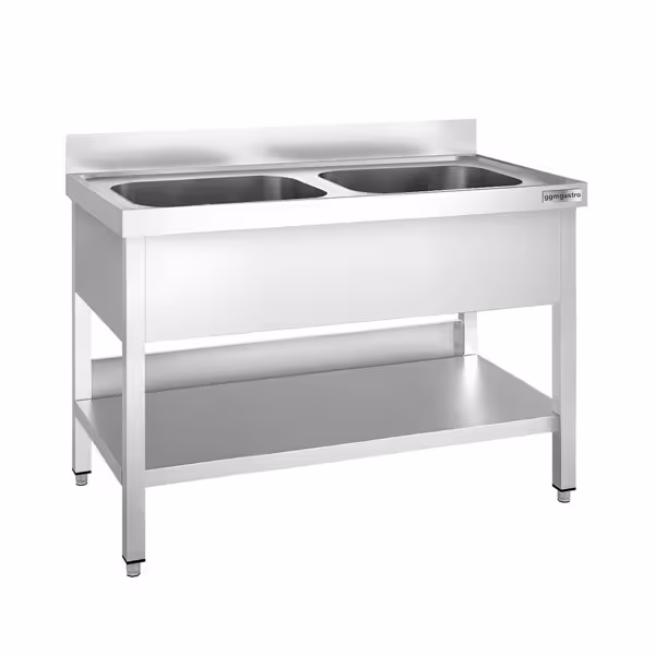 Diskbänk i rostfritt stål PREMIUM - 1200x600 mm - med underhylla - 2 hoar - med stänkskydd
