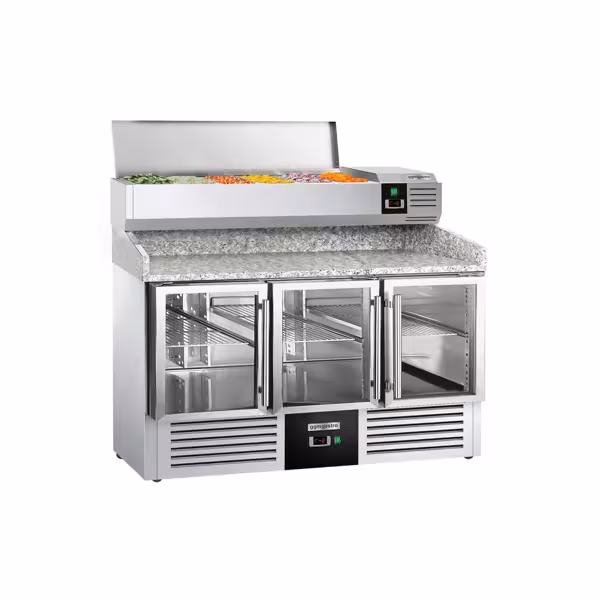 میز یخچالی پریمیوم پیتزا - 1400*700 میلیمتر - 3 درب 6xGN 1/4 - شیشه ای - همراه ویترین رومیزی خنک کننده