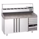 Commercial Pizza Prep Counter - Granite Top PREMIUM - 1600x800mm - with 2 doors & 3 drawers - incl. refrigerated topping unit with glass sneeze guard - 6x GN 1/3