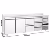 Arrière-bar réfrigéré professionnel PREMIUM - 2690 x 600 mm - avec 2 portes et 5 tiroirs - avec dosseret - avec tiroir à marc de café