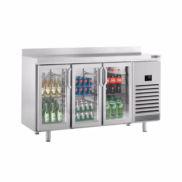 Table réfrigérée Premium PLUS - 1960x700 mm - avec 3 portes vitrées et rebord