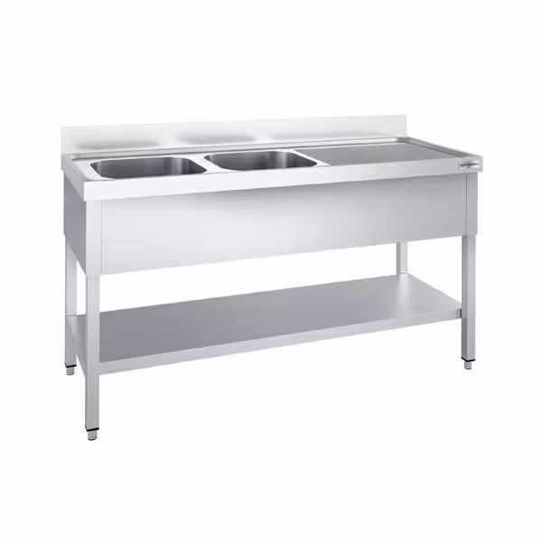Stół zlewozmywakowy PREMIUM - 1600x600mm - z półką dolną i 2 zlewami po lewej stronie