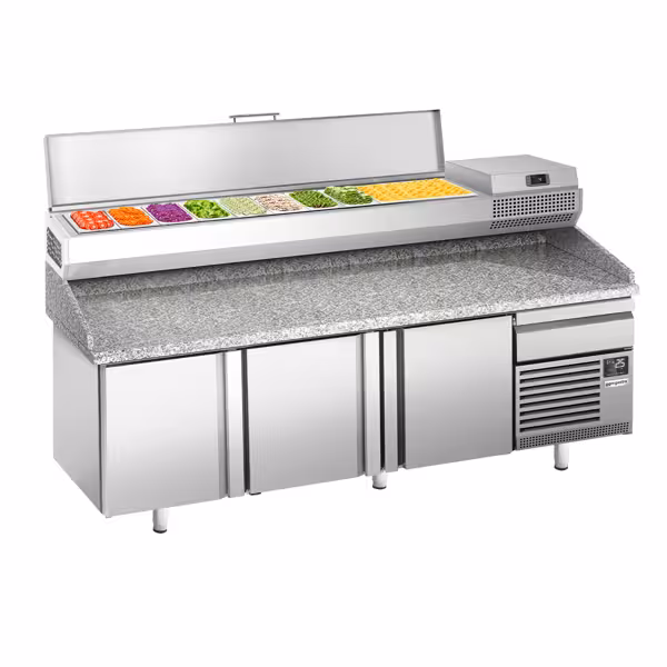 Pizzawerkbank PREMIUM PLUS - 2305x800mm - met granieten werkblad - met 3 deuren & 1 laden - incl. opzetkoelvitrine - 10x GN 1/3