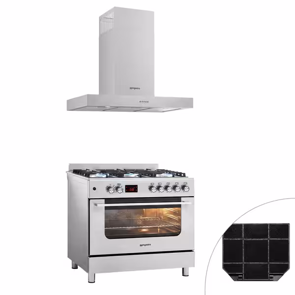 Fogão a gás - 13,45 kW - 5 queimadores - inclui forno elétrico - 3,23 kW e exaustor com circulação de ar