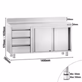 Ruostumattomasta teräksestä työkaappi PREMIUM - 1400x700 mm - 3 vetolaatikkoa vasemmalla, 2 liukuovea - roiskesuoja