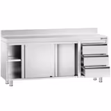 Rozsdamentes acél munkaszekrény PREMIUM - 2000x600 mm - tolóajtós, 3 fiókos – jobb oldali fiókblokk, 2 ajtós – hátsó felhajtással