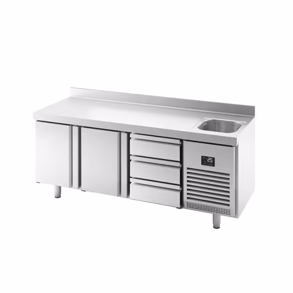 Koelwerkbank PREMIUM PLUS - 1960x600mm - met 2 deuren - met 3 lades - opstand
