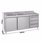 Dřezová skříňka - 1800x700 mm - se 3 zásuvkami a 2 umyvadly vlevo