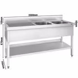 Evyeli Yıkama Tezgahı PREMIUM - 2000x700mm - Alt Tablalı & Çift Evyeli
