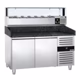Commercial Pizza Prep Counter - Granite Top PREMIUM - 1500x800mm - with 2 doors - incl. refrigerated topping unit with glass sneeze guard LED - 6x GN 1/3