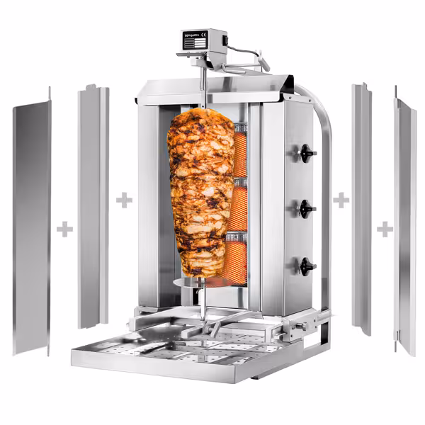 Gas Doner Kebab Grill (Shawarma/Gyros) - 3 Burner - up to 40kg - 9.75kW - Countertop - incl. 2 splash guards & 2 double doors