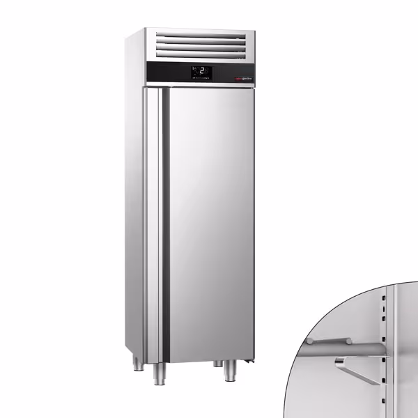 Koelkast RVS PREMIUM - 600mm - 250liter - tot -2°C tot +8°C - met 1 deur - geforceerde koeling, automatische ontdooiing & legroosters