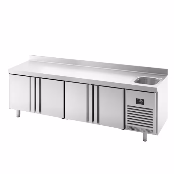 Koelwerkbank PREMIUM PLUS - 2452x600mm - inhoud 510 liter - met 1 spoelbak - met 4 deuren - opstand