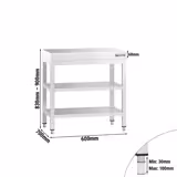 Nerezový pracovní stůl PREMIUM - 600x700 mm - se spodní policí & s mezipolicí & s vyztuženou pracovní deskou