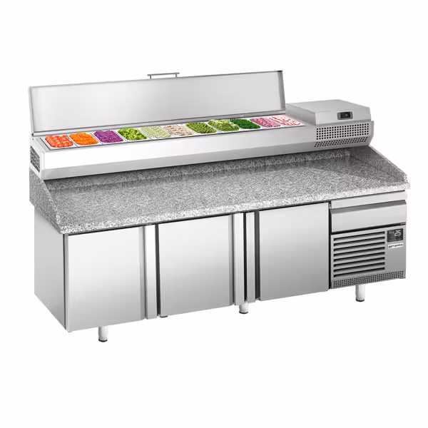 Pizzakühltisch Premium PLUS - 2305x800mm - mit 3 Türen & 1 Schublade - inkl. Kühlaufsatzvitrine - 11x GN 1/4