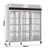 Hűtőszekrény Rozsdamentes acél ECO - 1800 l - akár +8 °C - mit 3 üvegajtó - Légkeveréses hűtés, R290, digitális termosztát, zárható ajtó, 6 görgő