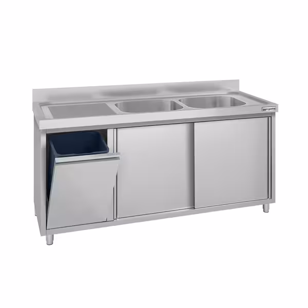 Commercial Sink Cabinet ECO - 1600x700mm - with waste bin & 2 bowls right-hand