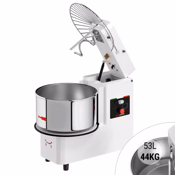 Teigknetmaschine - 53 Liter / 44 kg - 1 Geschwindigkeit - Kessel abnehmbar & Rührwerk aufklappbar - Timerfunktion