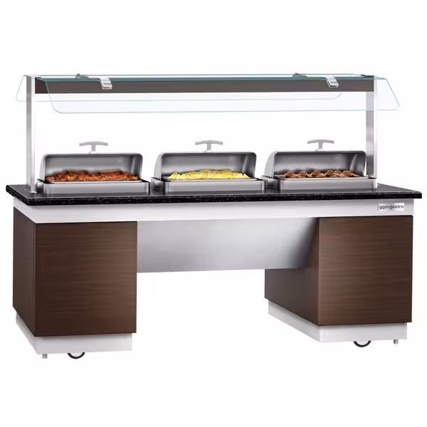 Banco buffet caldo a bagnomaria DUBLIN - 2300mm - con 3 chafing dish - su ruote - marrone - self service 
