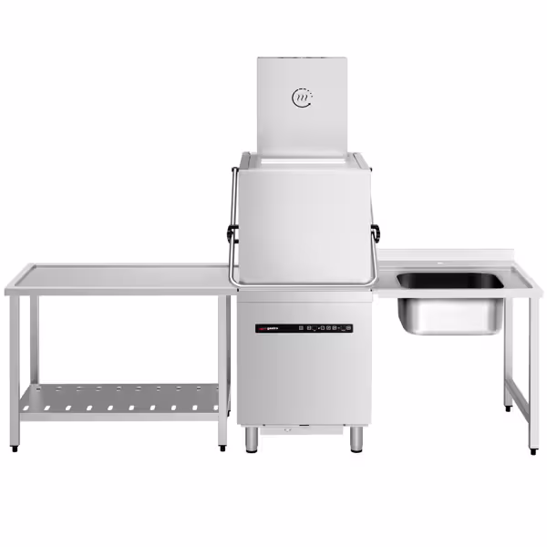 Doorschuifvaatwasser - Digitaal - 8,7 kW - met warmteterugwinning, vaatwasmiddel-, glansspoelmiddel- & afvoerpomp - incl. aanvoertafel rechts & afvoertafel links