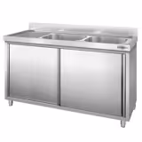 Dřezová skříňka PREMIUM - nerezová ocel - 1600x700 mm - posuvné dveře - s odkapávací plochou vlevo - s 2 dřezy vpravo