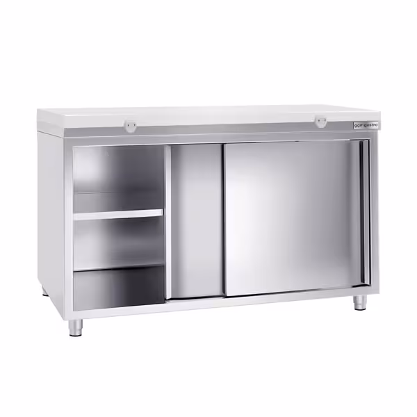 Armário de trabalho em aço inoxidável PREMIUM - 1,6 m - com porta de correr - inclui placa de corte  (Branco)
