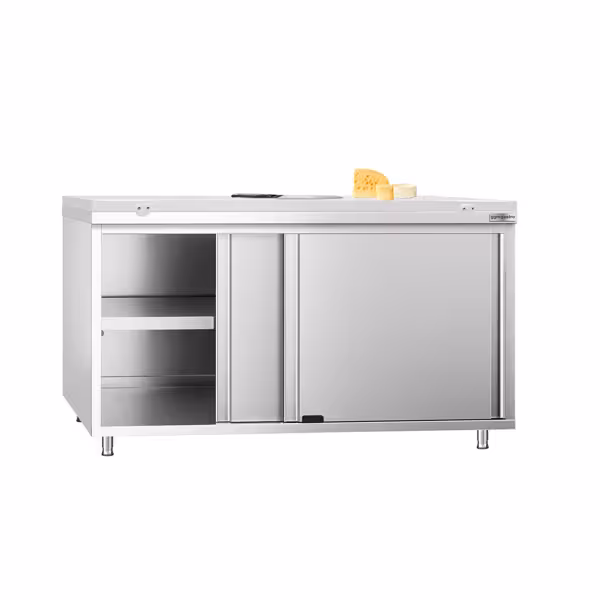 Gesloten RVS werktafel PREMIUM - 1600x800mm - met 2 schuifdeuren - incl. snijplank GN 1/2 - wit