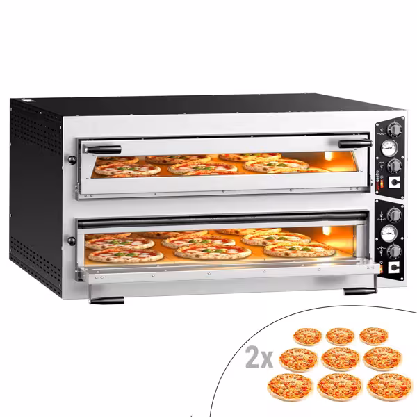 Elektrische pizzaoven (chamotte bakvloer) - 1340x1270x680mm - 2 kamers - 2x9 pizza’s Ø35cm - tot 450°C - Handmatig
