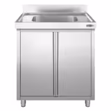 Fregadero industrial con mueble de acero inoxidable PREMIUM - 800x600mm - 1 seno central - puertas batientes - con estante inferior - con peto trasero