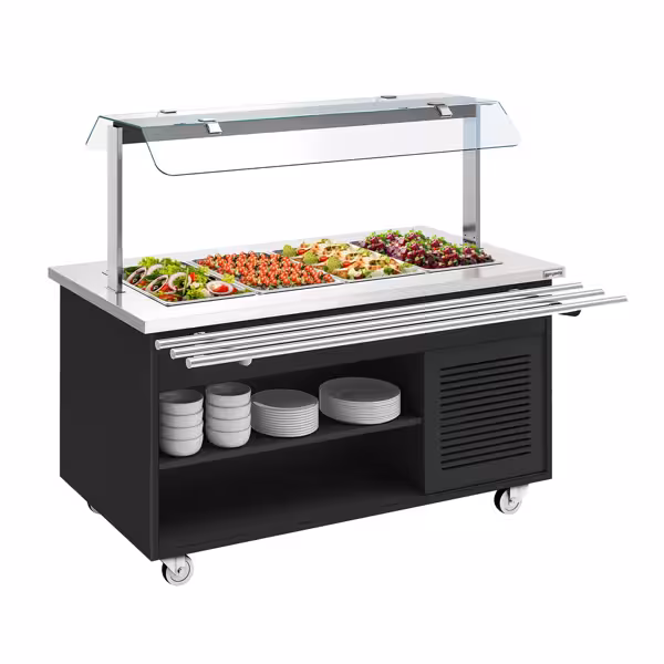 Tekerlekli soğuk açık büfe tezgahı DANZIG - 1600 mm - 4x GN 1/1 için - tepsi kızaklı - siyah