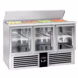 Commercial Saladette Counter PREMIUM - 1368mm - 368L - 3 glass doors - open top for 4 x GN 1/1 & stainless steel retractable lid