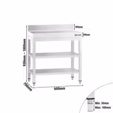 Stół  roboczy ze stali nierdzewnej PREMIUM - 600x700 mm - z półką dolną, panelem tylnym i półką pośrednią