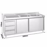 Spoelunit - 2000x600mm - met 3 laden & 2 spoelbakken rechts