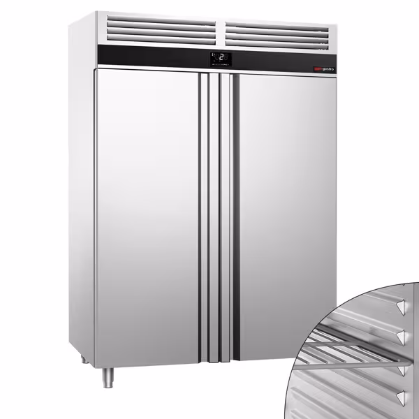 Koelkast RVS PREMIUM - GN 2/1 - 1400mm - 1350liter - tot +8°C - met 2 deuren - geforceerde koeling, automatische ontdooiing, binnenverlichting & legroosters